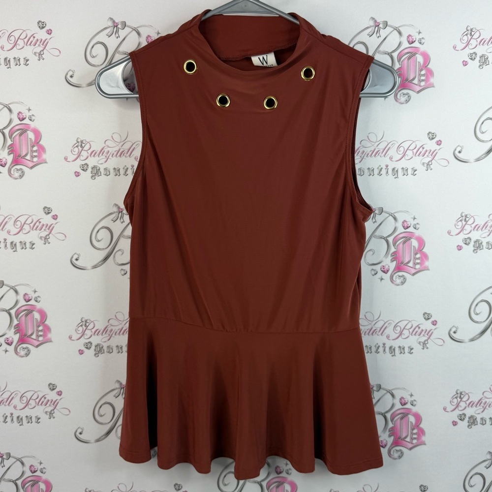 Wrapper blouse peplum gold grommets detail orange brown tan Rust Brown Top